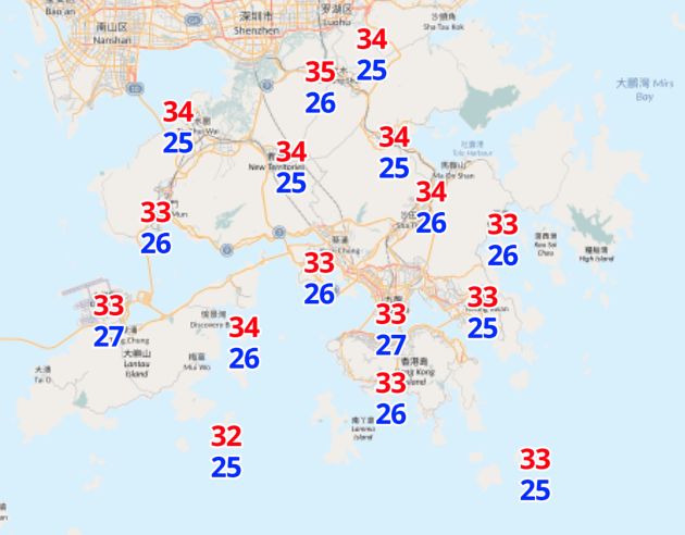 7月9日分區氣溫預測（圖片來源：香港天文台）
